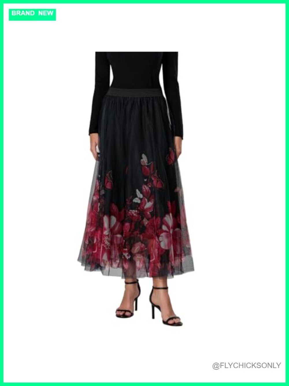 Double Layered Mesh Midi Skirt High Waist Floral Butterfly Print A-Line